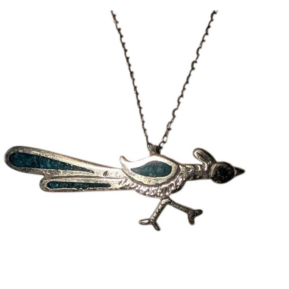 Sterling Silver Roadrunner Pendant Turquoise Inlay 16-In Chain Southwest - Picture 7 of 8